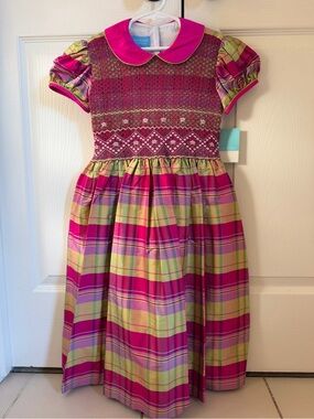 NWT Anavini Girls Pink Plaid Smocked Silk Dress with Peter Pan Collar size 6x‎